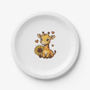 Plato De Papel Cute Baby Giraffe Sunflower Vintage Engraving Tee_