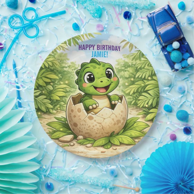 Plato De Papel Cute Baby Hatchling Dinosaur Birthday (Fiesta)