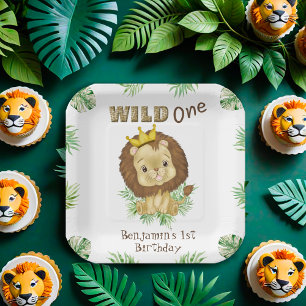 Plato De Papel Cute Baby Lion Primer tema de cumpleaños acuarela