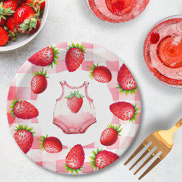 Plato De Papel Cute Baby Shower Gingham Strawberry Vintage