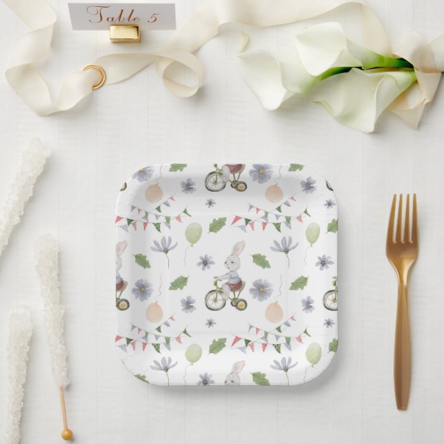 Plato De Papel Cute Baby Spring Summer Rabbit On A Bike Pattern (Boda)