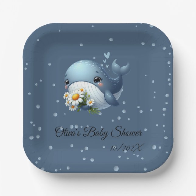 Plato De Papel Cute Baby Whale Baby Shower Paper Plate (Anverso)