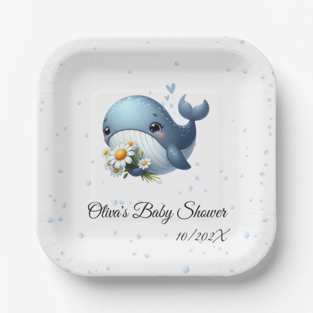 Plato De Papel Cute Baby Whale Baby Shower Paper Plate (Anverso)