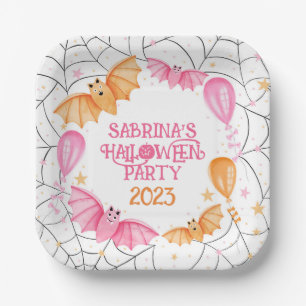 Plato De Papel Cute Bats, Globos + Spiderwebs Pastel Halloween