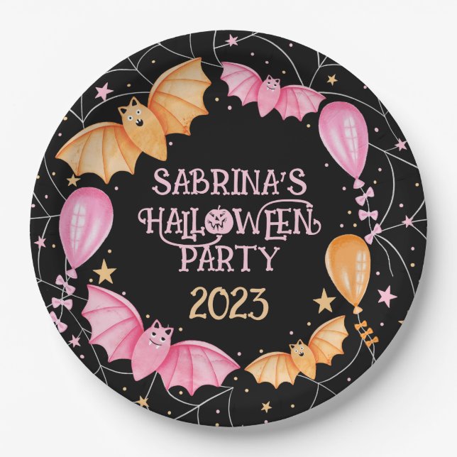 Plato De Papel Cute Bats, Globos + Spiderwebs Pastel Halloween (Anverso)