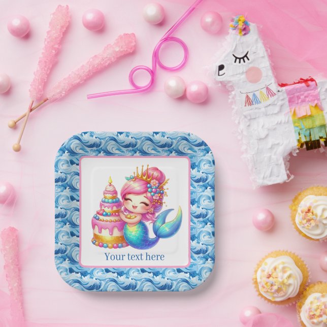 Plato De Papel Cute Beach Birthday mermaid customizable  (Fiesta)