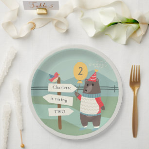 Plato De Papel Cute Bear Bear Milestone Mountain Cualquier Cumple