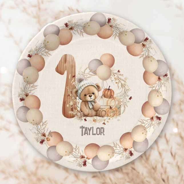 Plato De Papel Cute Bear Fall Beary 1er cumpleaños Placas de pape (Cute Bear Fall Beary 1st Birthday Paper Plates)