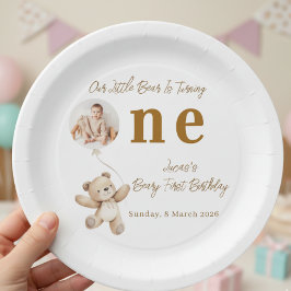 Plato De Papel Cute Bear First Birthday Photo Party Paper Plates