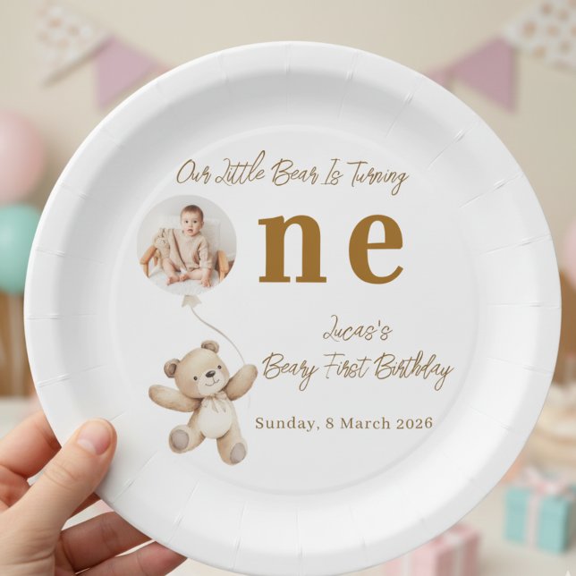 Plato De Papel Cute Bear First Birthday Photo Party Paper Plates (Subido por el creador)