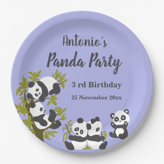 Plato De Papel Cute Bear Pandas Party Boy Birthday  (Anverso)