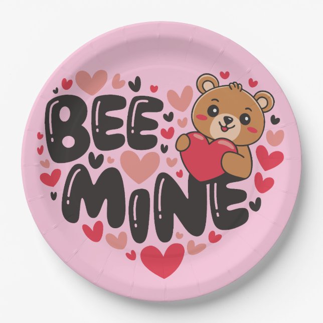 Plato De Papel Cute Bee Mine Teddy Bear Valentine's Day (Anverso)