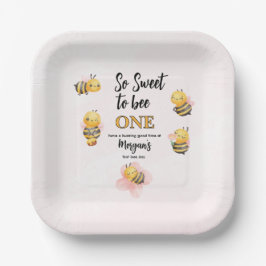 Plato De Papel Cute Bee One Pink Black First Birday Party