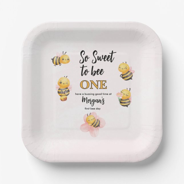 Plato De Papel Cute Bee One Pink Black First Birday Party (Anverso)