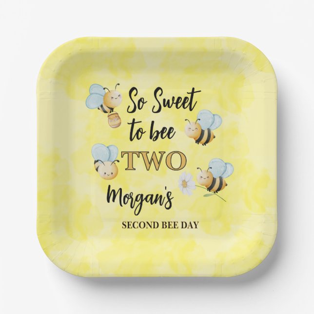 Plato De Papel Cute Bee Two Yellow Black Second Birthday Party (Anverso)