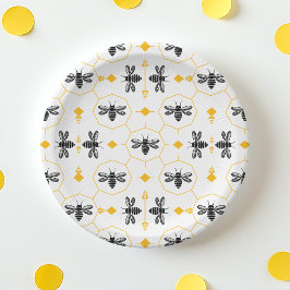 Plato De Papel Cute Bee Yellow Honeycomb Kids Birday Fiesta