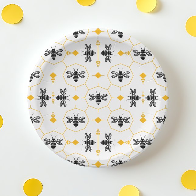 Plato De Papel Cute Bee Yellow Honeycomb Kids Birday Fiesta (Cute Bee Yellow Honeycomb Kids Birthday Party Paper Plates)