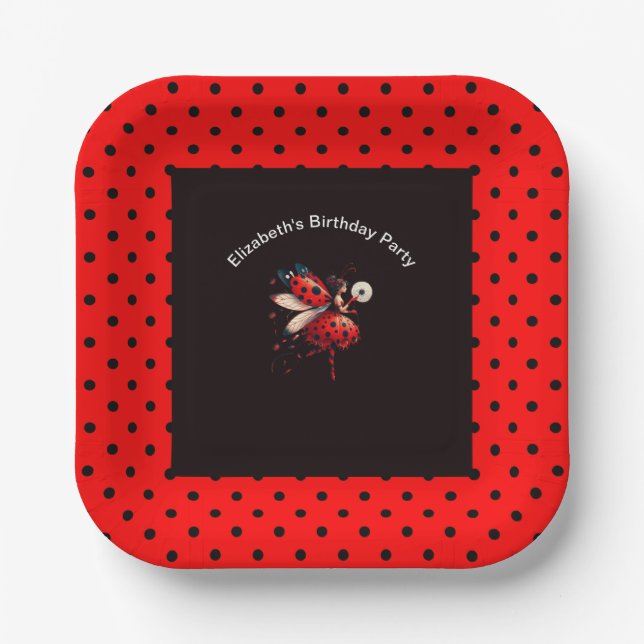 Plato De Papel Cute Black & Red Ladybug Fairy Birday Party (Anverso)