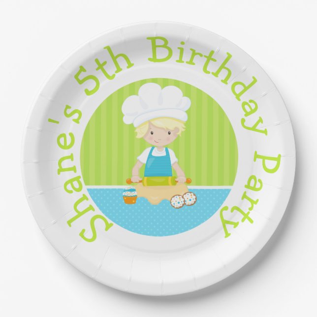 Plato De Papel Cute Blonde Hair Boy Baking Birday Party (Anverso)