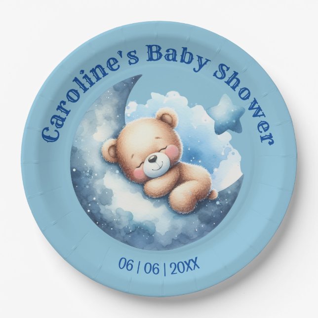Plato De Papel Cute Blue Bear Crescent Moon Baby Shower (Anverso)