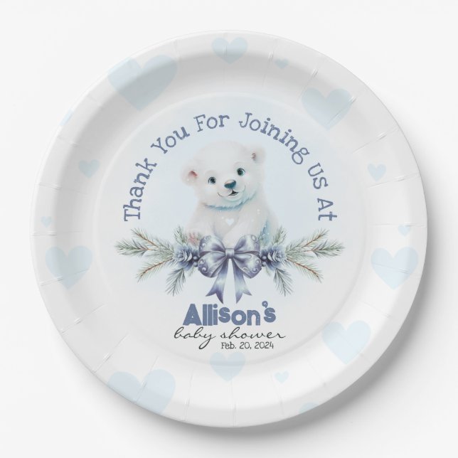 Plato De Papel Cute Blue Boy Bear Cub Hearts Winter Baby Shower (Anverso)