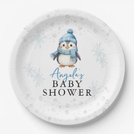 Plato De Papel Cute Blue Boy Penguin Winter Baby Shower