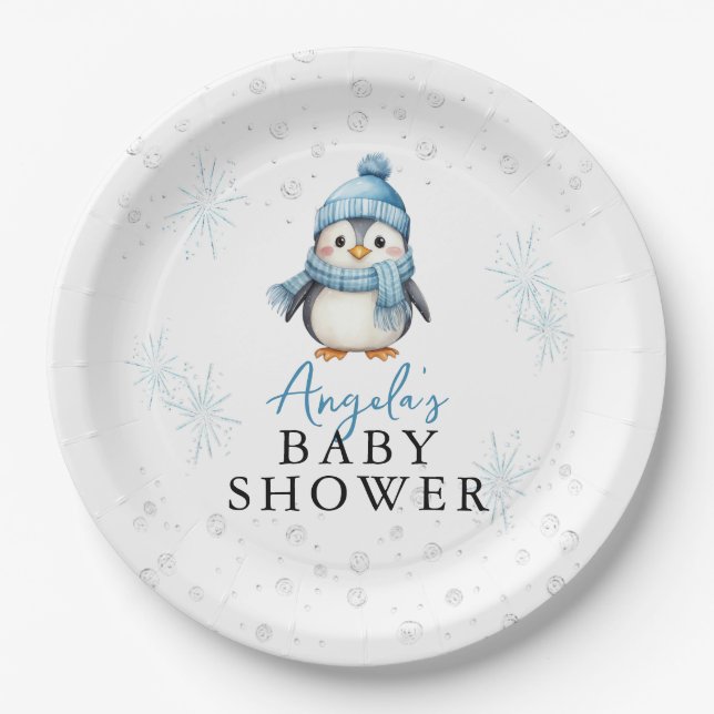 Plato De Papel Cute Blue Boy Penguin Winter Baby Shower (Anverso)