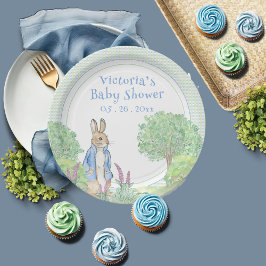 Plato De Papel Cute Blue Conny Rabbit Gingham Baby Shower