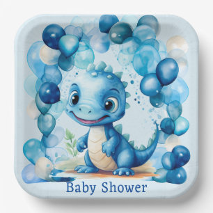 Plato De Papel Cute Blue Dinosaur Balloons Boy Baby Shower