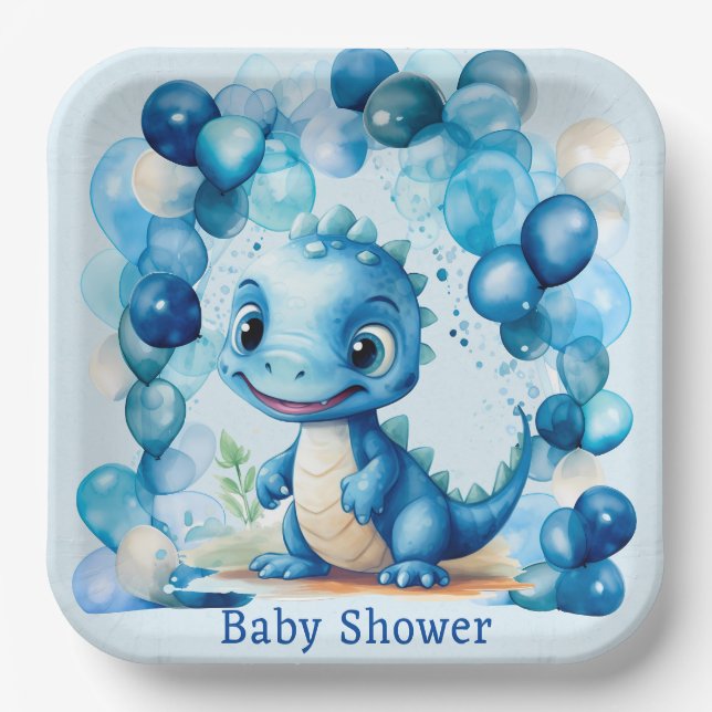 Plato De Papel Cute Blue Dinosaur Balloons Boy Baby Shower (Anverso)