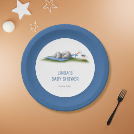 Plato De Papel Cute Blue Elephant Boy Baby Shower
