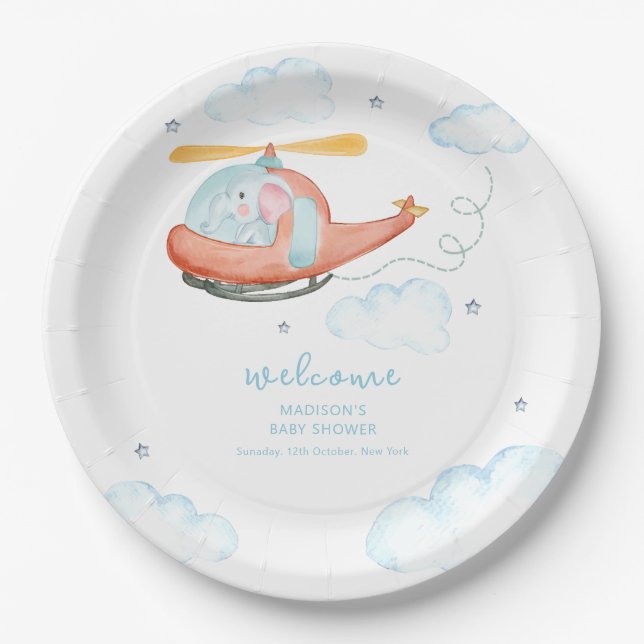 Plato De Papel Cute Blue Elephant Helicopter Baby Shower Welcome  (Anverso)