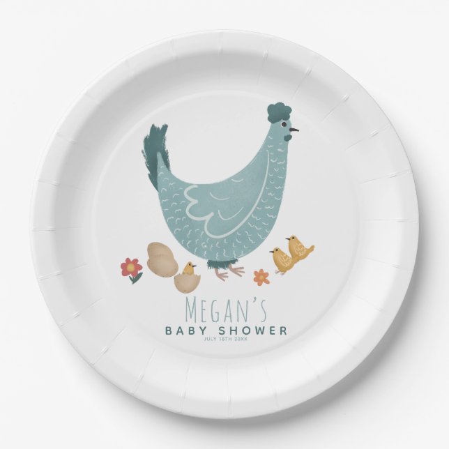 Plato De Papel Cute Blue Farm Chicken Boys Baby Shower (Anverso)