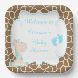 Plato De Papel Cute Blue Giraffe Baby Shower