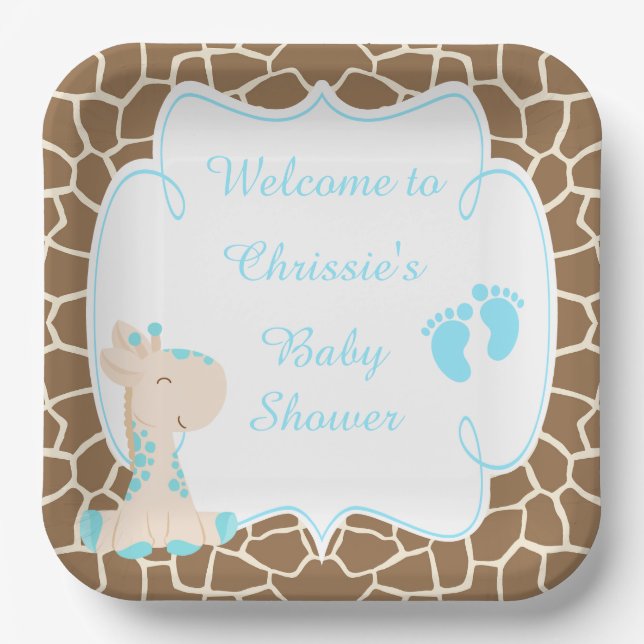 Plato De Papel Cute Blue Giraffe Baby Shower (Anverso)