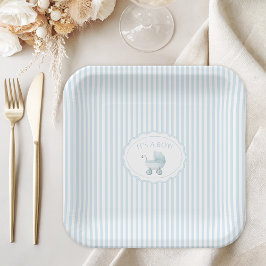 Plato De Papel Cute Blue It's a Boy Stroller Baby Shower