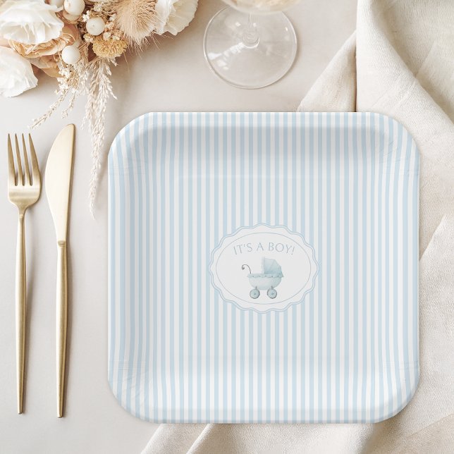 Plato De Papel Cute Blue It's a Boy Stroller Baby Shower (Subido por el creador)