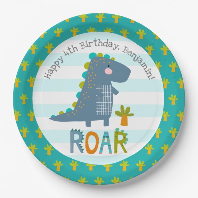 Plato De Papel Cute Blue Kawaii Dinosaur Roar Boy Nombre de cumpl (Anverso)