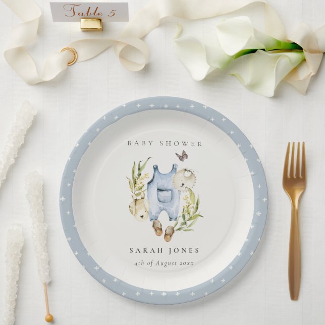 Plato De Papel Cute Blue Leafy Foliage Boy Clothes Baby Shower (Boda)