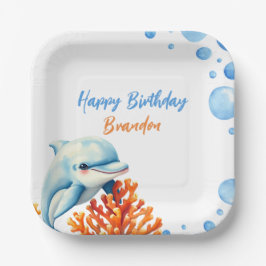 Plato De Papel Cute Blue & Naranja Dolphin Kids Cumpleaños