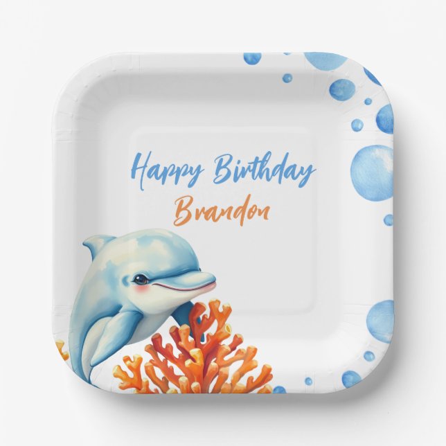 Plato De Papel Cute Blue & Naranja Dolphin Kids Cumpleaños (Anverso)