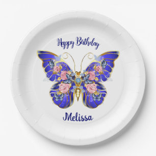 Plato De Papel Cute Blue Pink Gold Butterfly nombre floral cumple