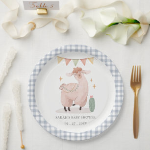 Plato De Papel Cute Blue Plaid Cactus Boho Llama Baby Shower