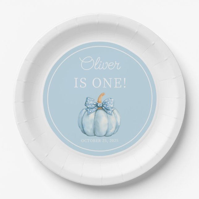 Plato De Papel Cute Blue Pumpkin Boy 1er cumpleaños (Anverso)