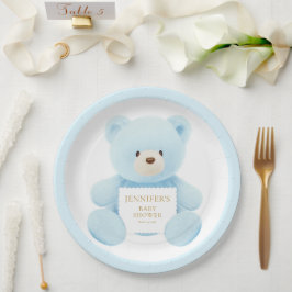 Plato De Papel Cute Blue Teddy Bear Baby Shower