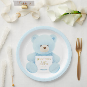 Plato De Papel Cute Blue Teddy Bear Baby Shower