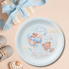 Plato De Papel Cute Blue Teddy Bear Baby Shower