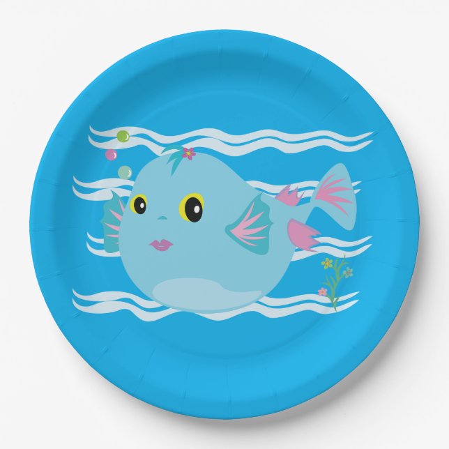 Plato De Papel Cute Blue Tropical Fish Pink Fins (Anverso)