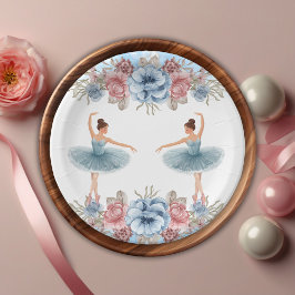 Plato De Papel Cute Blue Watercolor Floral Ballerina Baby Shower