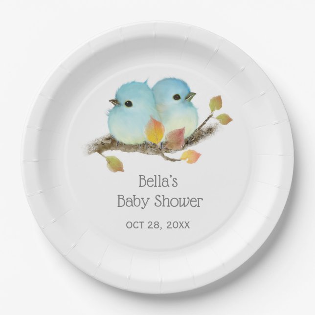 Plato De Papel Cute Bluebirds Bird Baby Shower (Anverso)